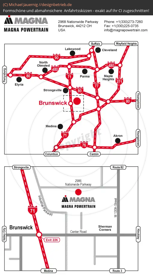 Anfahrtsskizze Brunswick / Ohio / USA (Übersichtskarte und Detailkarte) MAGNA Powertrain (218)