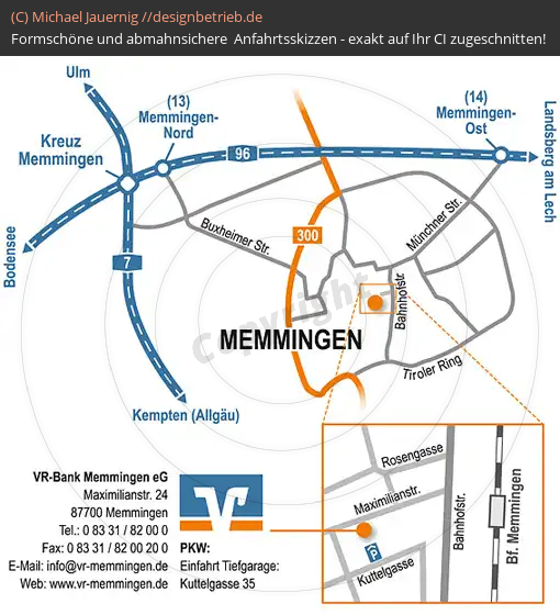 Anfahrtsskizze Memmingen (Großraum + Zoomkarte) VR-Bank Memmingen eG (496)